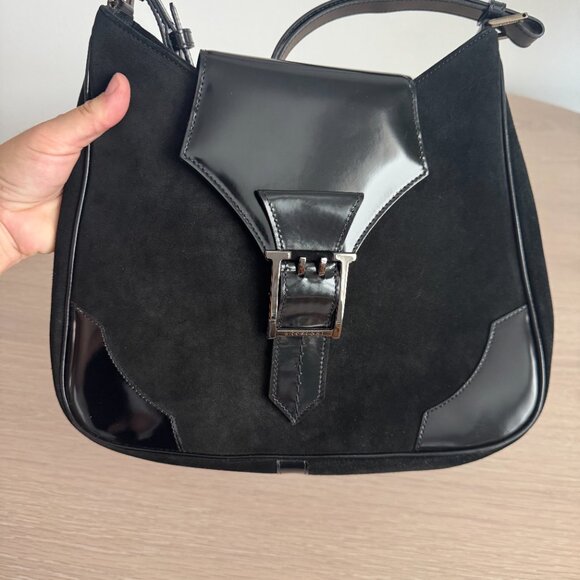 A. Testoni Suede And Patent Leather Black Shoulder Bag - Picture 8 of 15